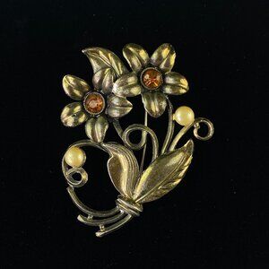 Vintage Little Nemo Flower Rhinestone Faux Pearl Brooch Pin